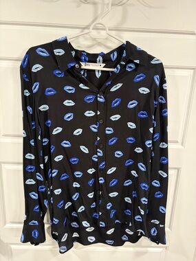 Zara Black Blouse with Blue Lip Print